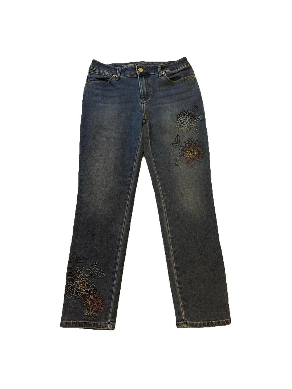 Chicos Stretch Girlfriend Slim Ankle Jeans Sz 00 /US 2 Embroidered Floral Denim